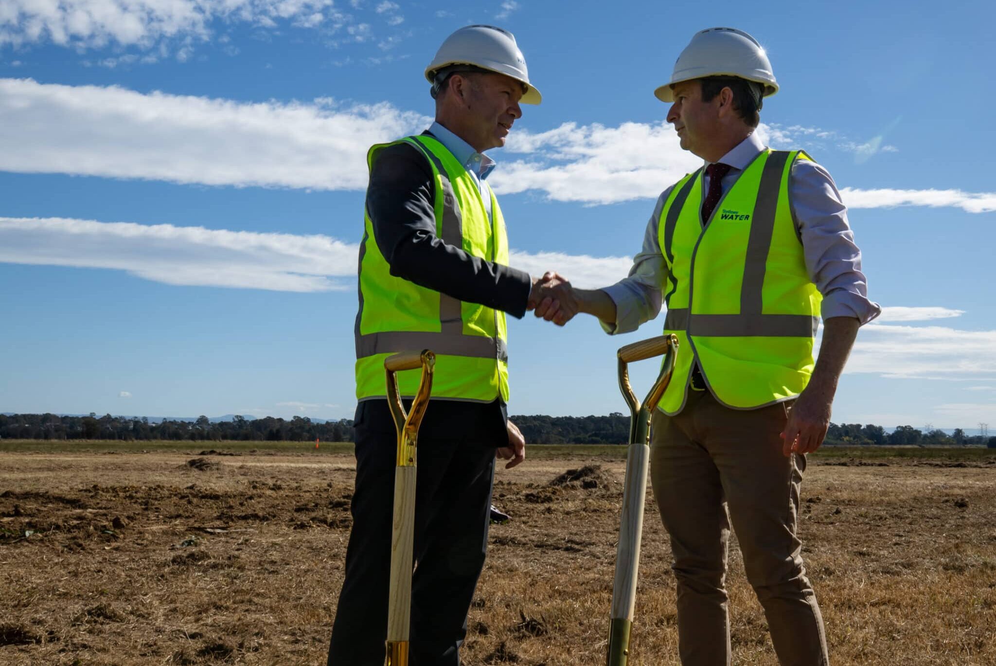 SYDNEY WATER; Sydney Water’s Managing Director, Roch Cheroux and Greg Warren MP, Parliamentary Secretary for Western Sydney at the Upper South Creek SOD turn.