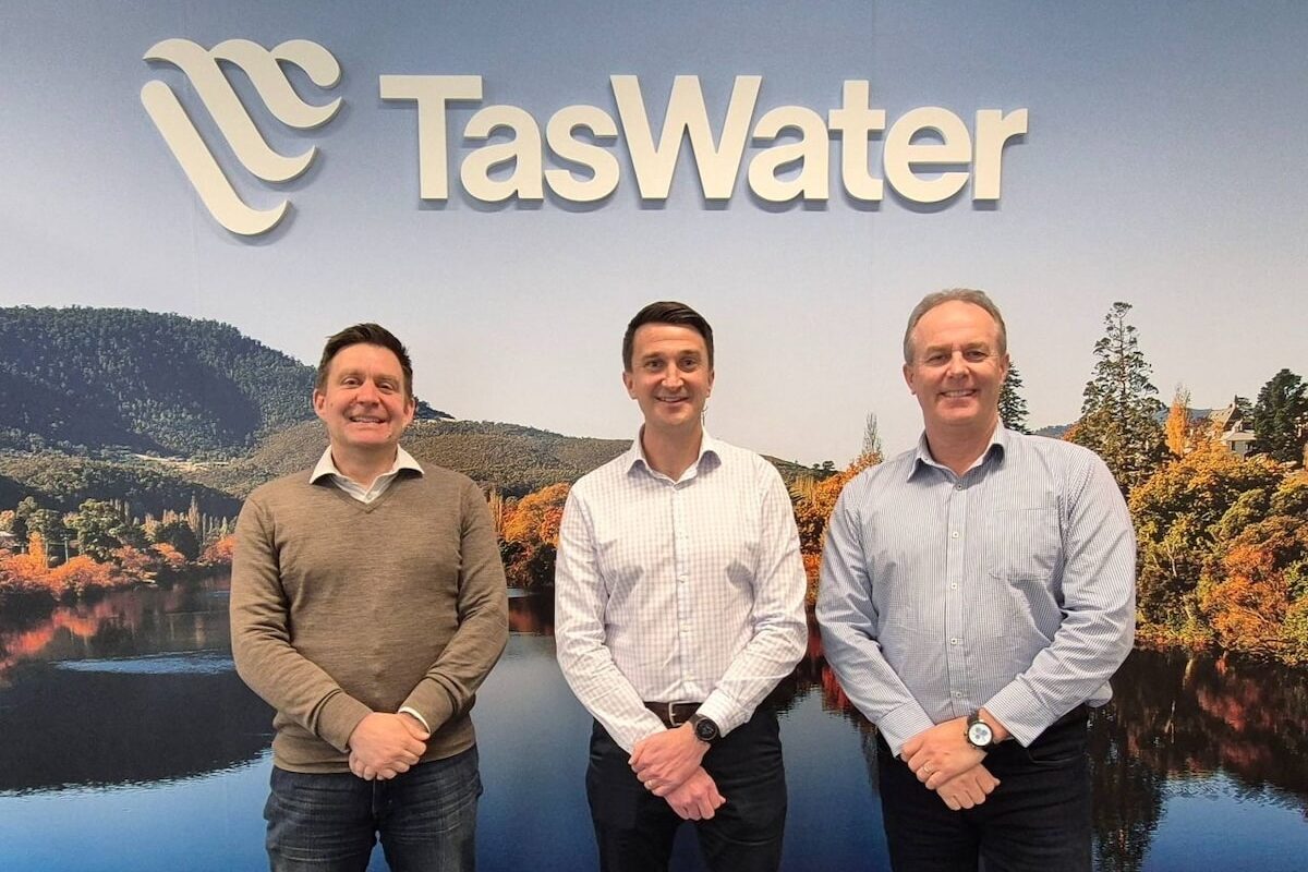 L:R) David Graham, Head of Project Development, Engineering & Design, Brad Davie, Acting EPD Partner Manager, Tony Wilmott, General Manager Project Delivery, TasWater. Image: TasWater