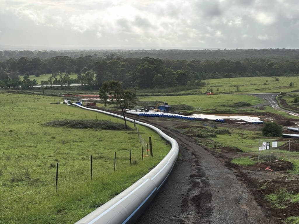 Stringing of DN800 HDPE pipe ready to be installed via HDD.