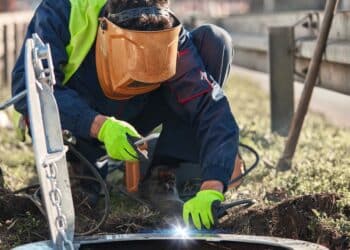 A new manhole cover is welded on a sewer main.