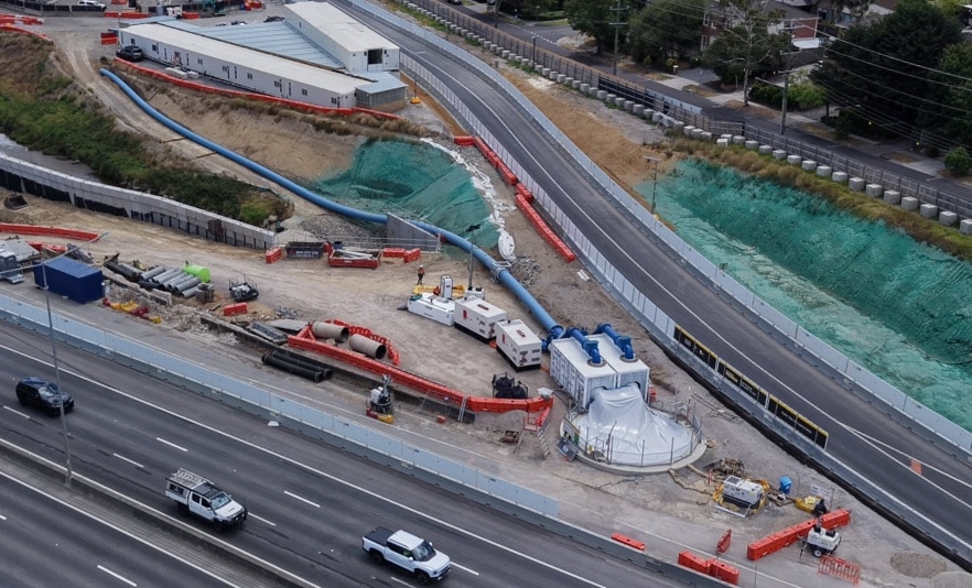 An aerial view of the works alongside a busy arterial in Melbourne’s east.